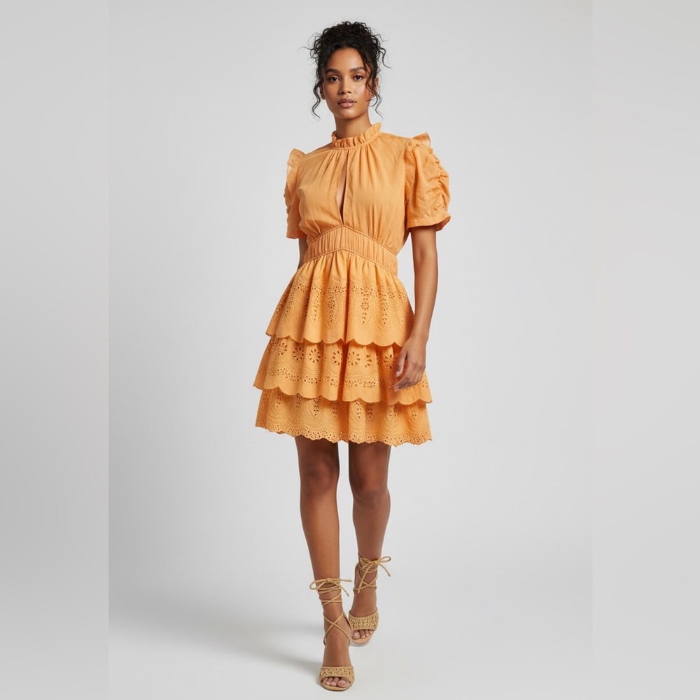 Self-Portrait Orange Yellow Ruffle Lace Mini Dress Mock Neck Size US 6 S/M